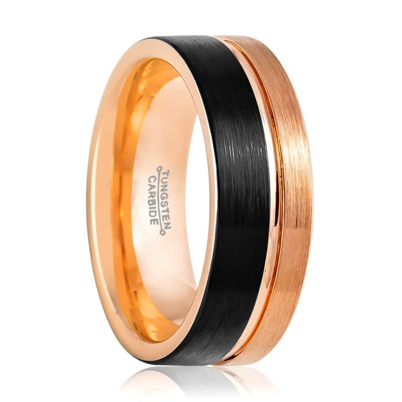 Women’s hand-crafted ring-BRENTLEY | Tungsten Ring Rose and Black Groove