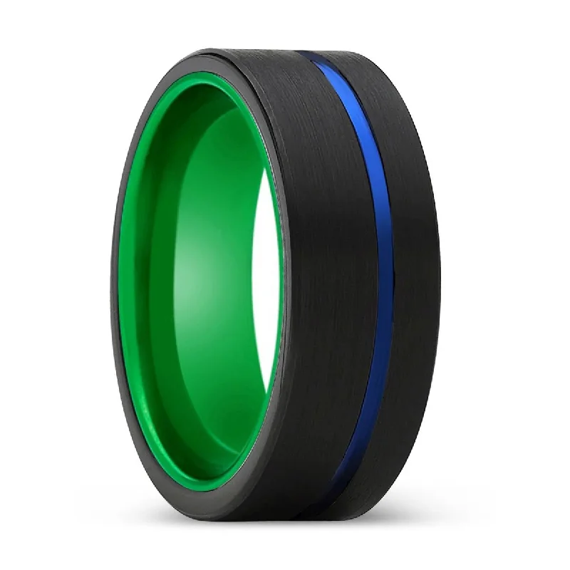 Women’s boho ring-DEMONIO | Green Ring, Black Tungsten Ring, Blue Offset Groove, Flat