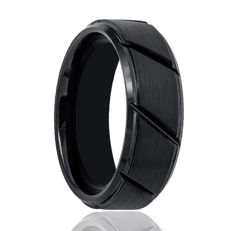 Women’s eco-friendly ring-NIGHTWORK | Black Tungsten Ring, Diagonal Grooves, Stepped Edge