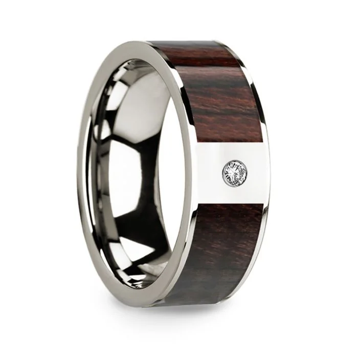 Women’s engagement rings with a twist band-14k White Gold Men's Wedding Band with Bubinga Wood Inlay & Diamond