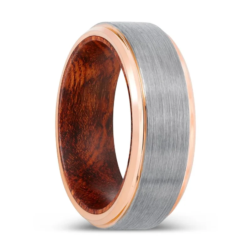 Women’s bold gemstone ring-TORREN | Snake Wood, Silver Tungsten Ring, Brushed, Rose Gold Stepped Edge