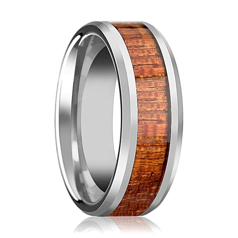 Women’s bohemian gold ring-KHAYA | Silver Tungsten Ring, Mahogany Hard Wood Inlay, Beveled