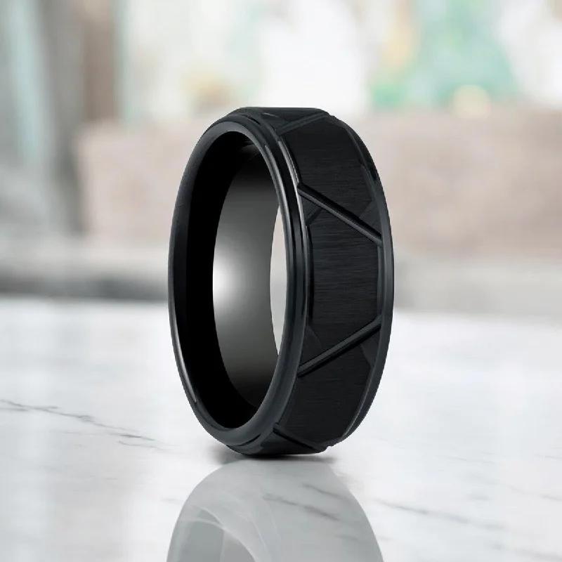 Women’s platinum engagement ring-TERRANCE | Black Tungsten Ring, Trapezoids Design, Stepped Edge