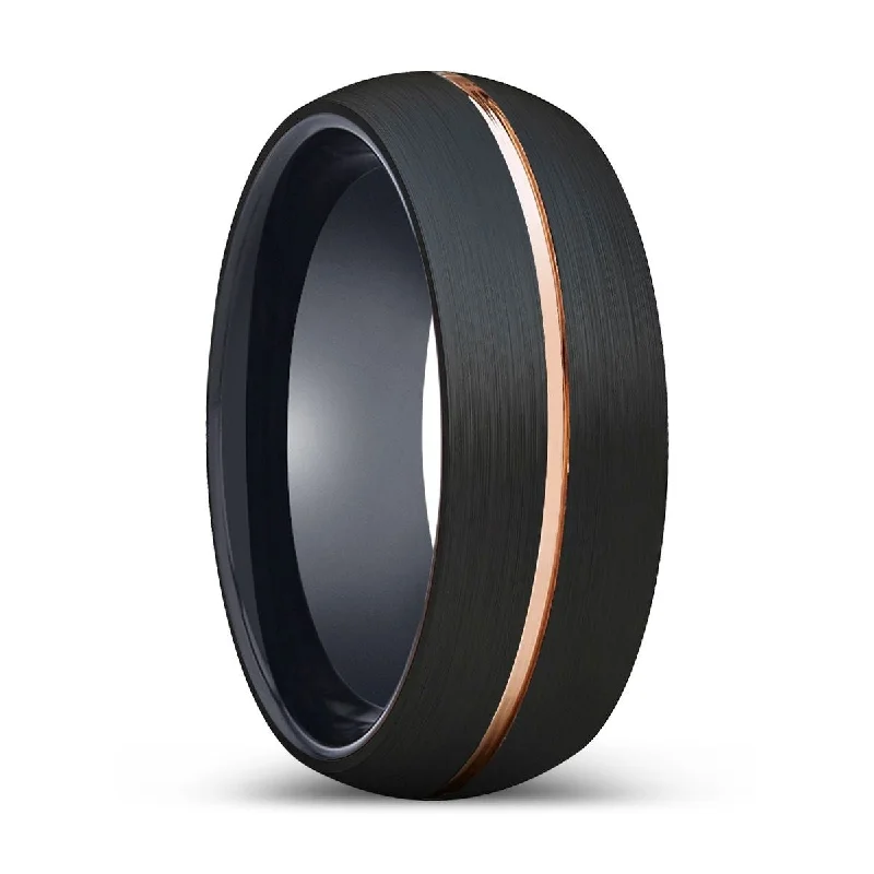 Women’s halo ring-EXHOLM | Black Ring, Black Tungsten Ring, Rose Gold Groove, Domed