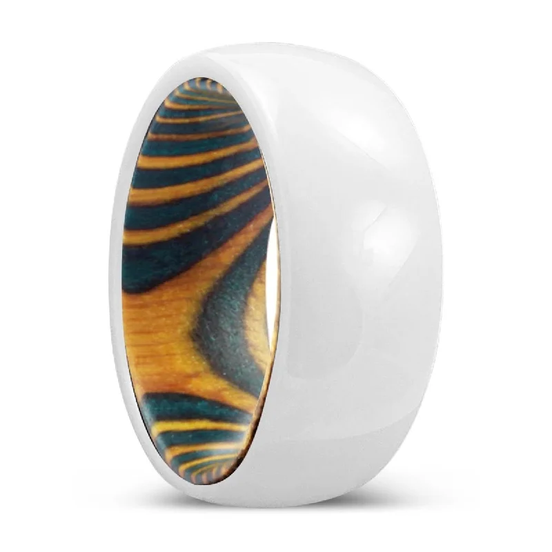 Women’s modern ring-FOREST | Green & Yellow Wood, White Ceramic Ring, Domed