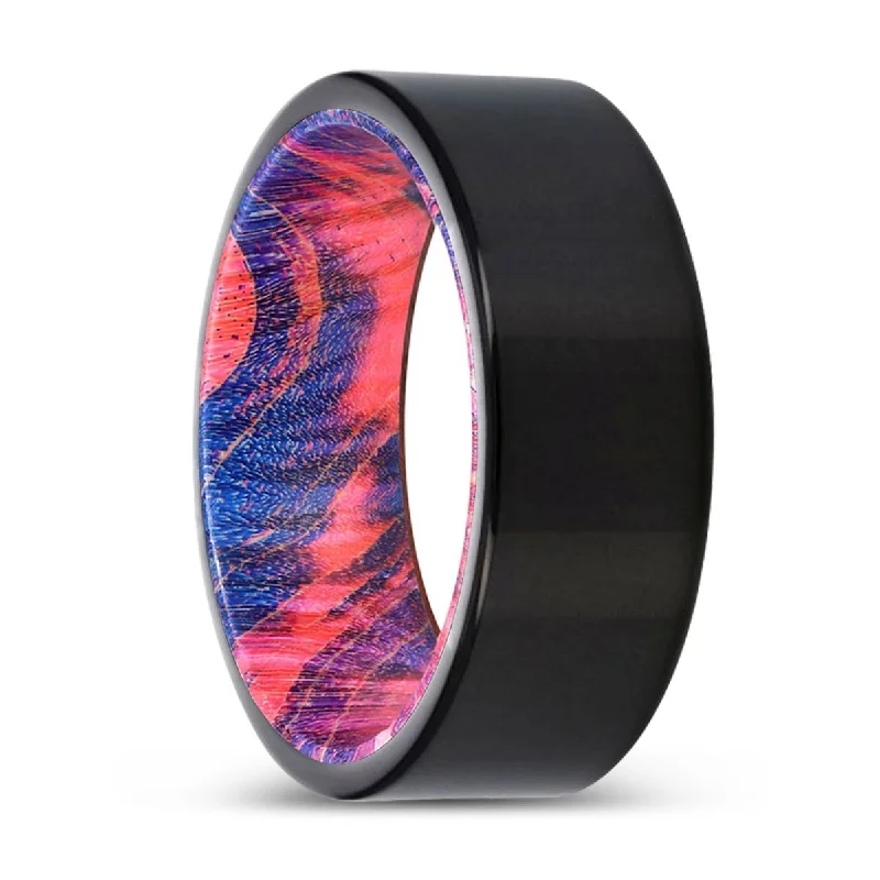 Women’s ring with diamonds-NORBURY | Blue & Red Wood, Black Tungsten Ring, Shiny, Flat