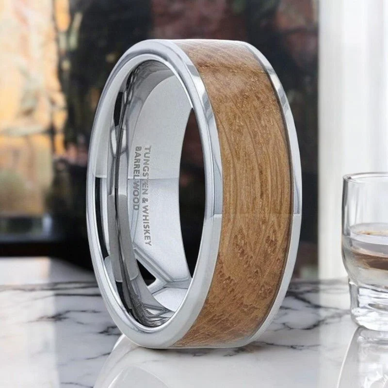 Women’s silver and gold ring-MALT | Silver Tungsten Ring, Whiskey Barrel Inlay, Flat Polished Edges