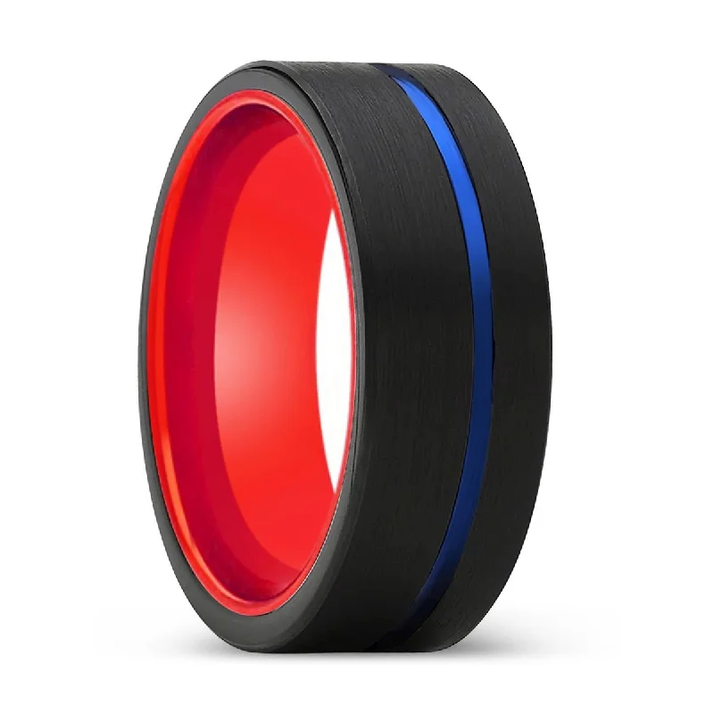 Women’s silver plated ring-MALDITO | Red Ring, Black Tungsten Ring, Blue Offset Groove, Flat