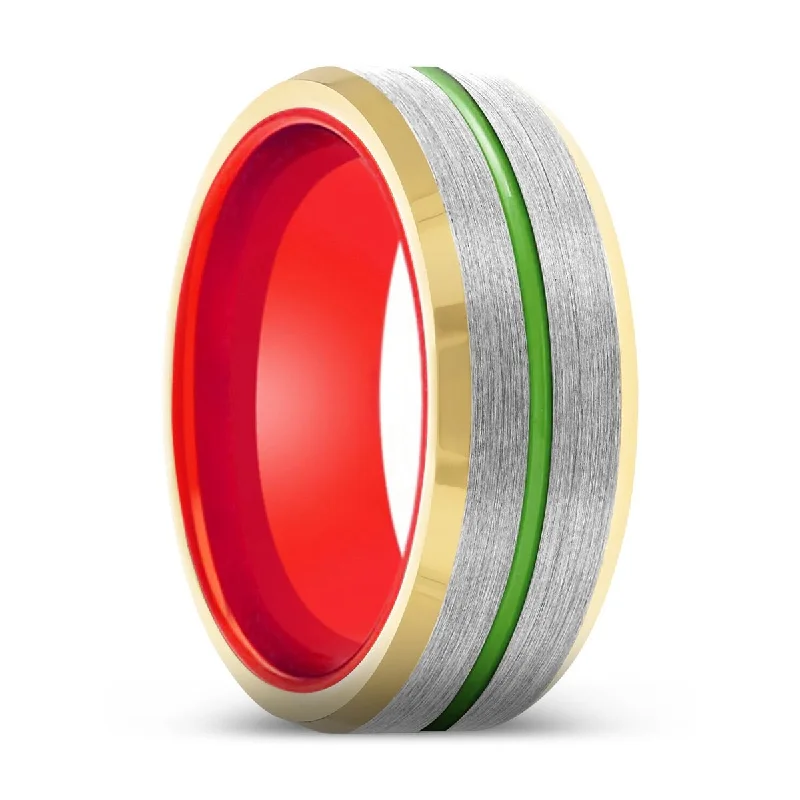 Women’s radiant-cut ring-SUNLORD | Red Ring, Silver Tungsten Ring, Green Groove, Gold Beveled Edge