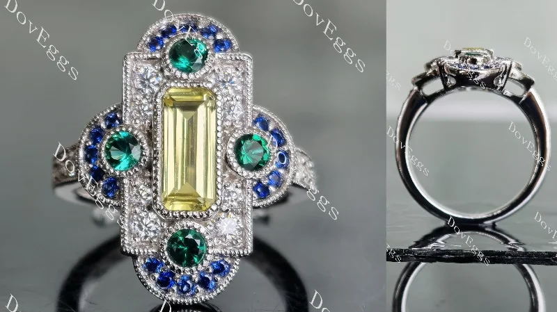 Women’s custom engagement rings with diamonds-DovEggs vintage art deco emerald shape yellow sapphire colored gem engagement ring