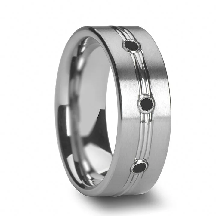 Women’s chic engagement rings-Grooved Tungsten Men's Wedding Band with Three Black Diamonds