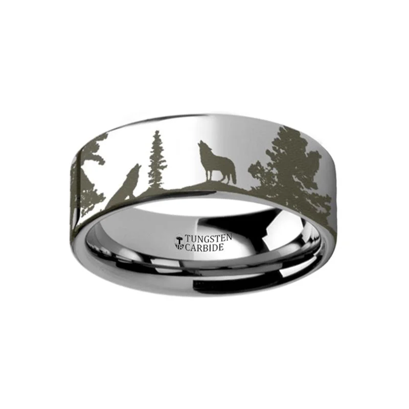 Women’s silver ring-Animal Landscape Scene Wolf Engraved Flat Tungsten Ring