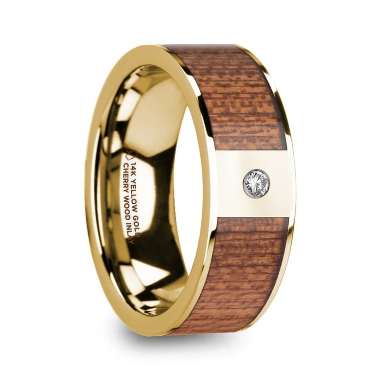 Women’s modern engagement rings with diamonds-Men's 14k Yellow Gold Wedding Band with Cherry Wood Inlay & Diamond