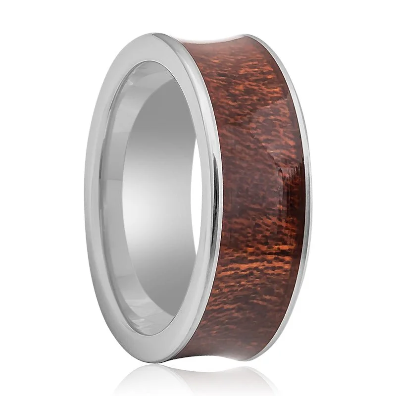 Women’s platinum engagement ring-VANISH | Silver Tungsten Ring, Natural Rosewood Inlay, Concave