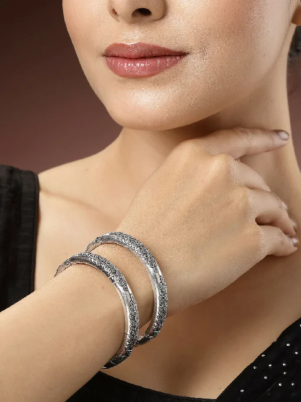 Women’s sterling silver bracelet-NVR Women's Silver-Toned German Silver Peacock Design Oxidised Kada Bangle