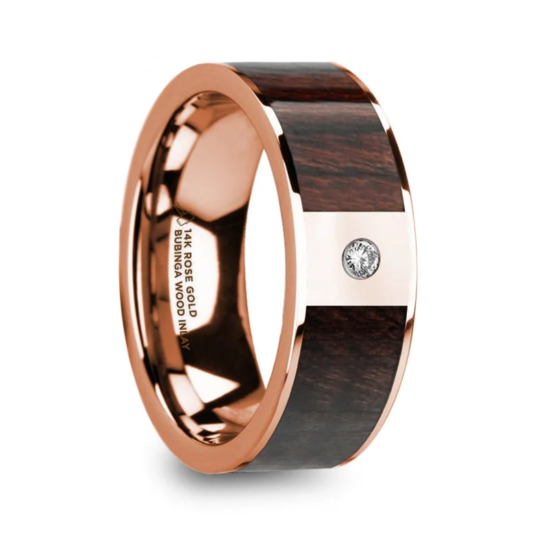 Women’s engagement rings with center stones-14k Rose Gold Men's Wedding Band with Bubinga Wood Inlay & Diamond