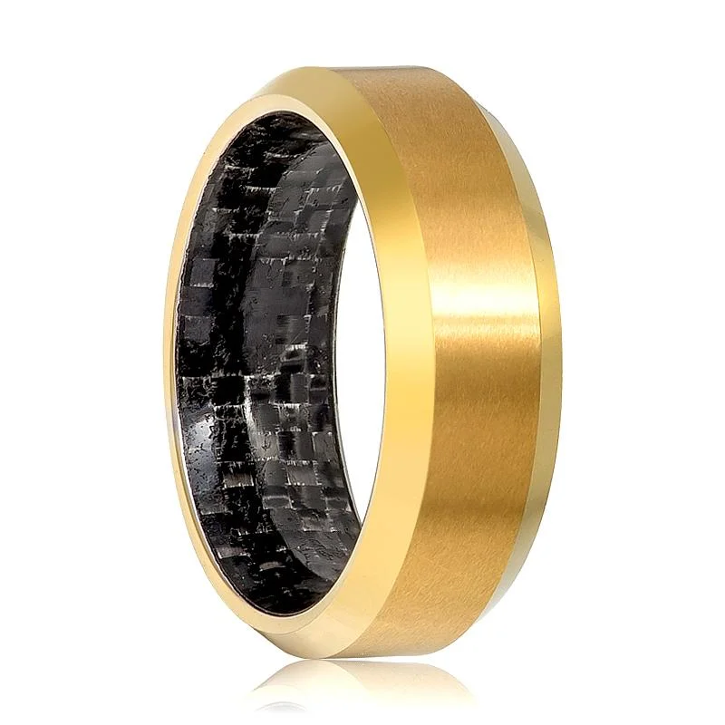 Women’s vibrant gemstone ring-Shiny Polished Gold Tungsten Men's Wedding Band with Black Carbon Fiber Inlay - 8MM