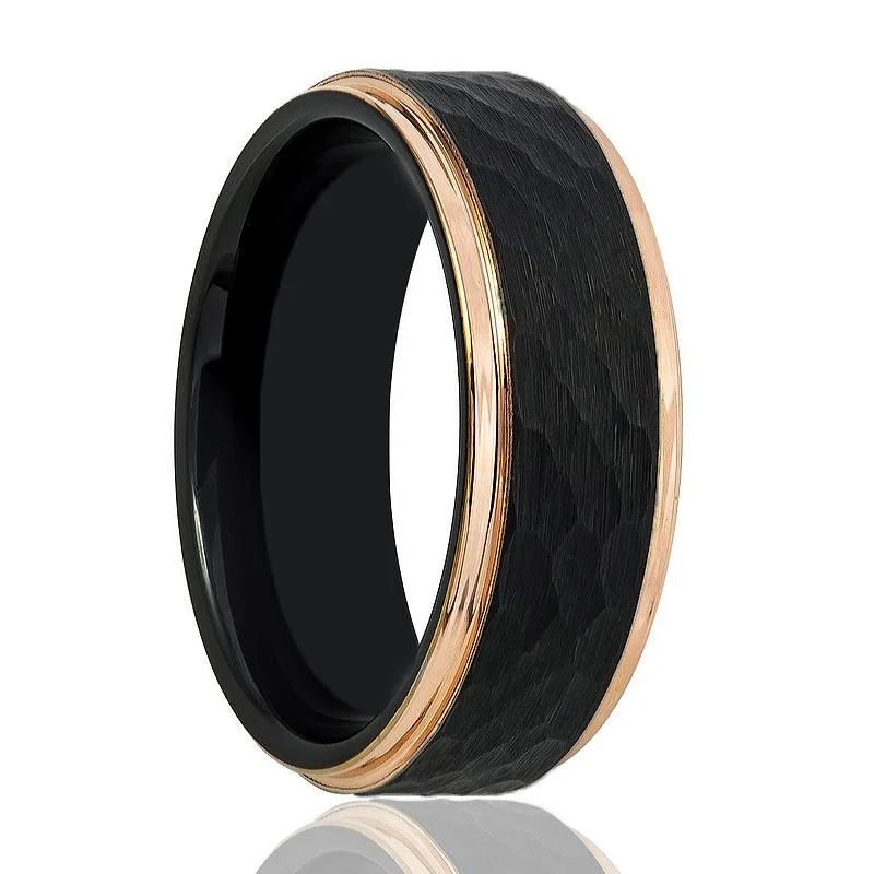 Women’s ring with diamonds-VOLANTIS | Black Tungsten Ring, Hammed, Rose Gold Stepped Edge