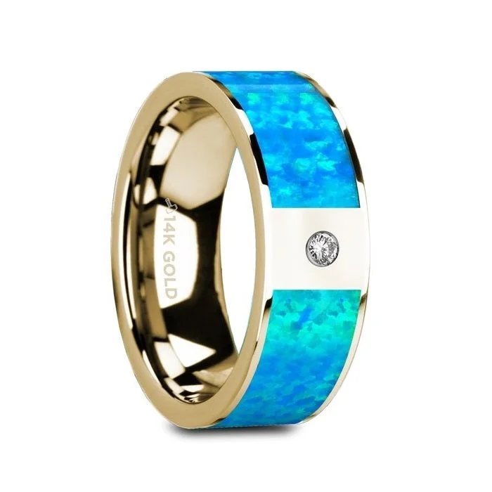 Women’s custom halo engagement rings-14k Yellow Gold Men's Wedding Band with Blue Opal Inlay & Diamond