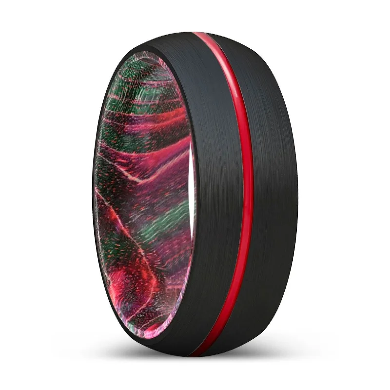 Women’s opal ring-WICKED | Green & Red Wood, Black Tungsten Ring, Red Groove, Domed