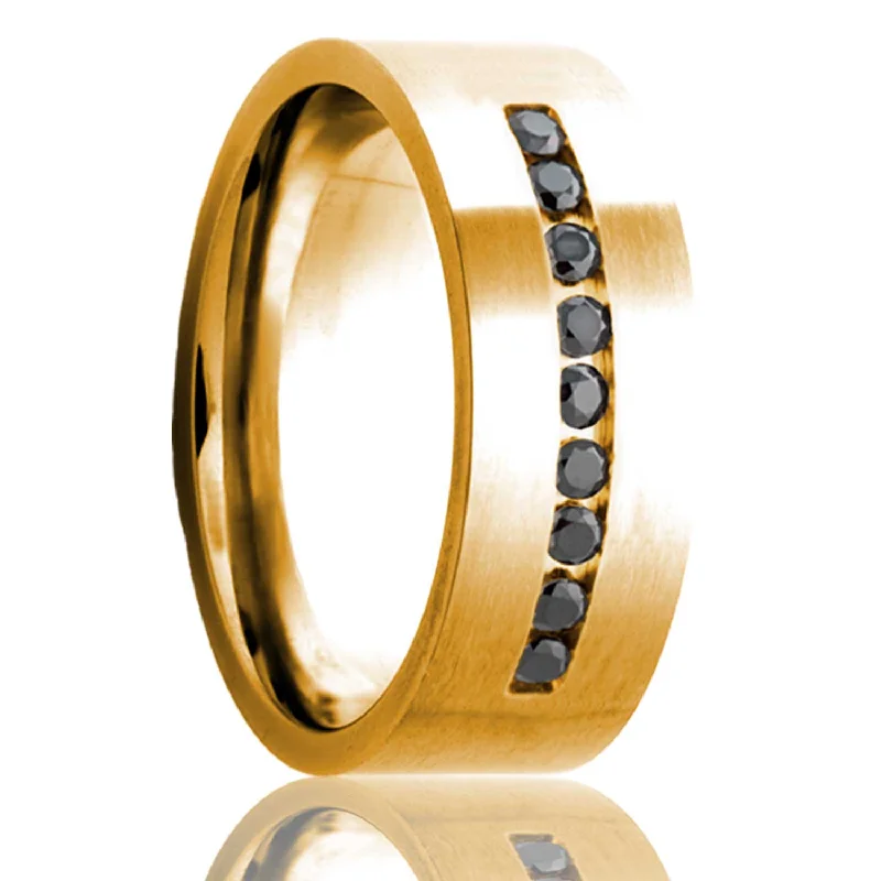 Women’s sapphire engagement rings-Satin Finish 14k Gold Wedding Band with Nine Black Diamonds