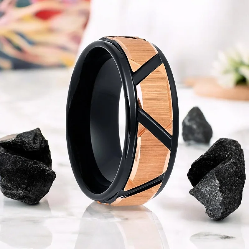 Women’s cocktail ring-FISONE | Black Tungsten Ring, Rose Gold Trapezoids Design, Stepped Edge