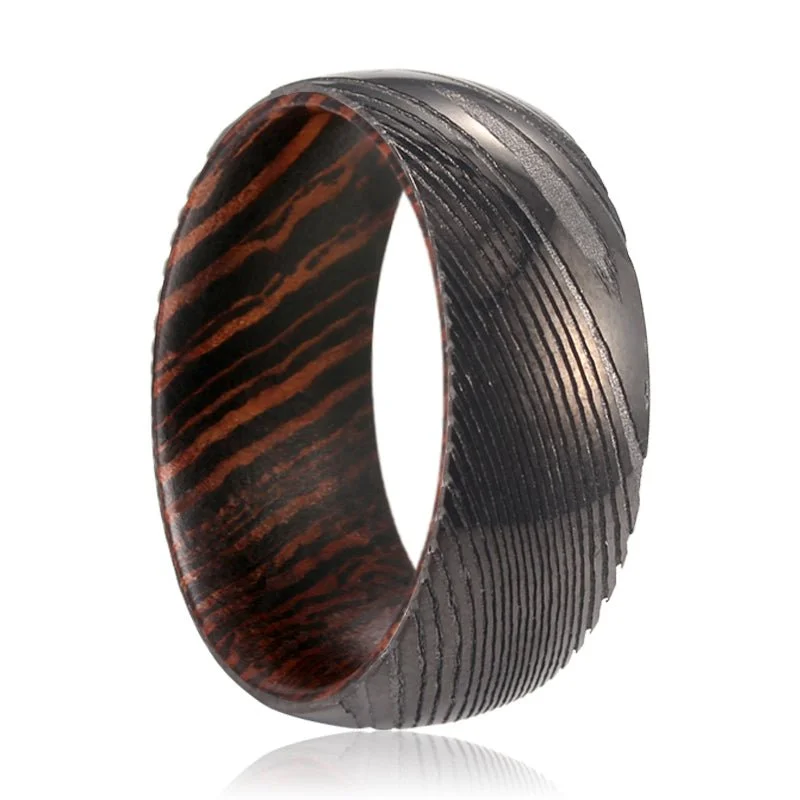 Women’s spiritual ring-HARVESTER | Wenge Wood, Gunmetal Damascus Steel Ring, Domed