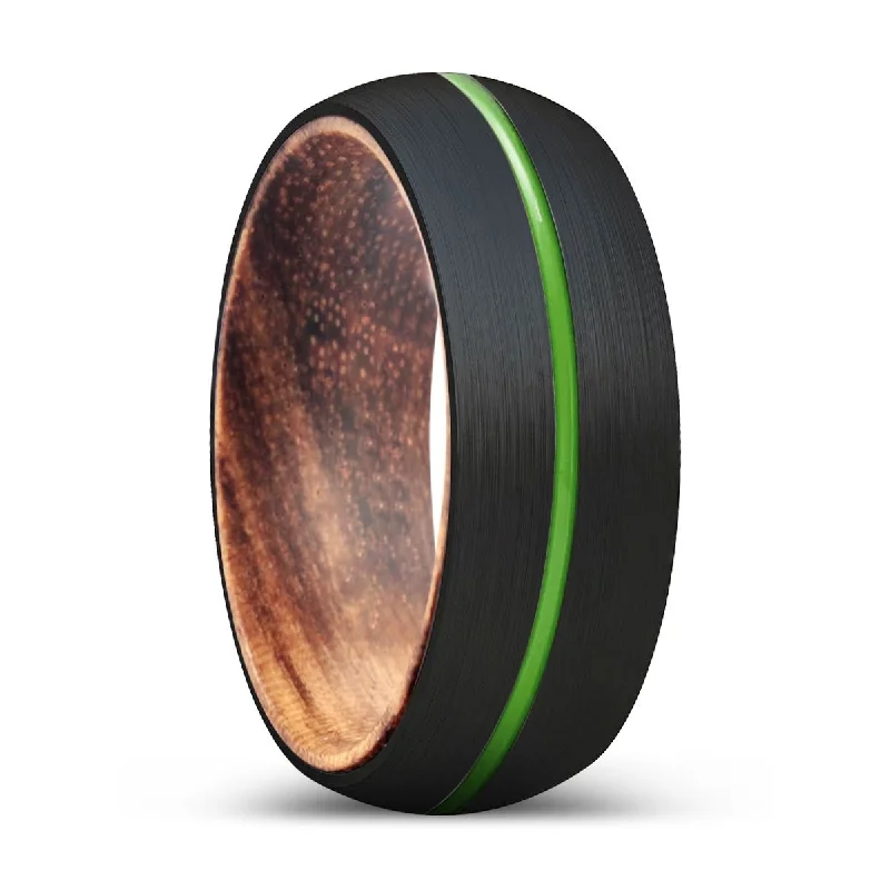 Women’s floral design ring-FLUFFY | Zebra Wood, Black Tungsten Ring, Green Groove, Domed