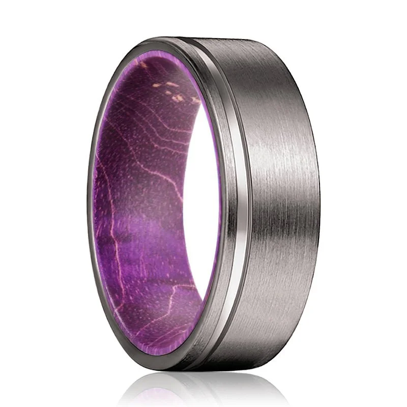 Women’s wedding band-NACH | Purple Wood, Gunmetal Tungsten Offset Groove