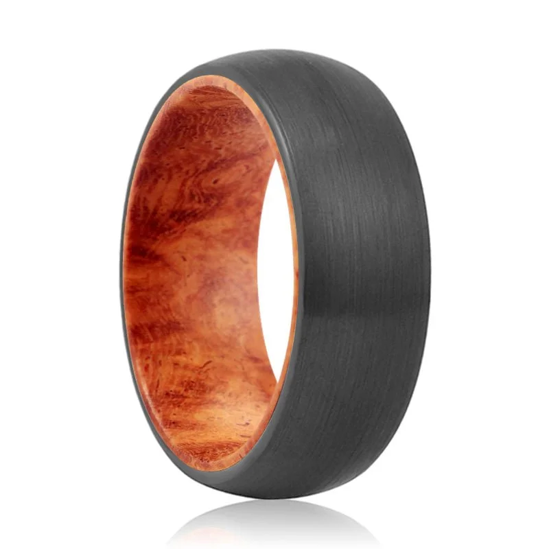 Women’s bold gemstone ring-CARMINE | Red Burl Wood, Black Tungsten Ring, Brushed, Domed