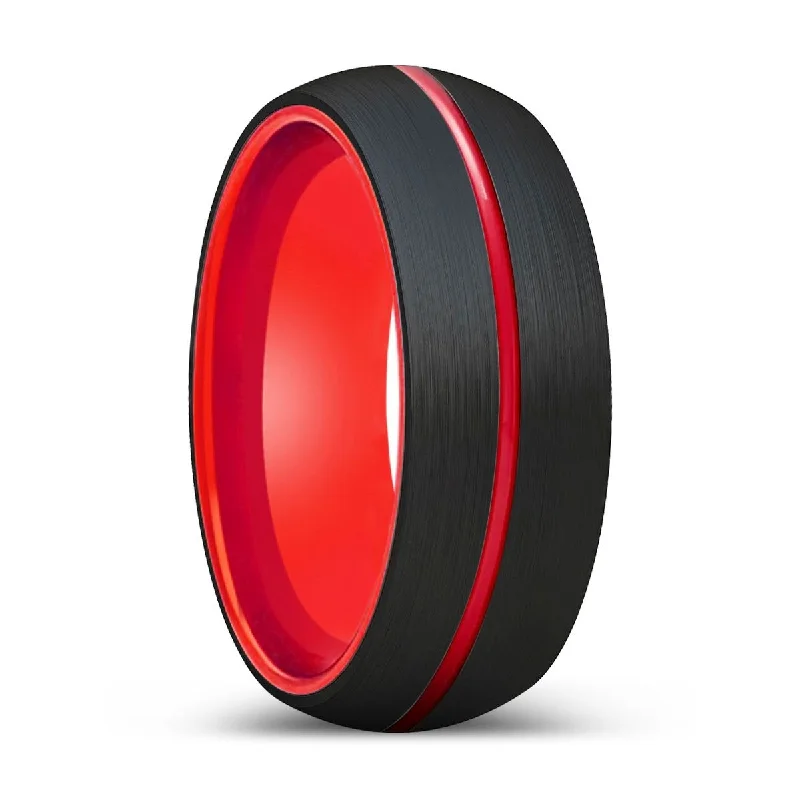 Women’s wedding band-DEMON | Red Ring, Black Tungsten Ring, Red Groove, Domed