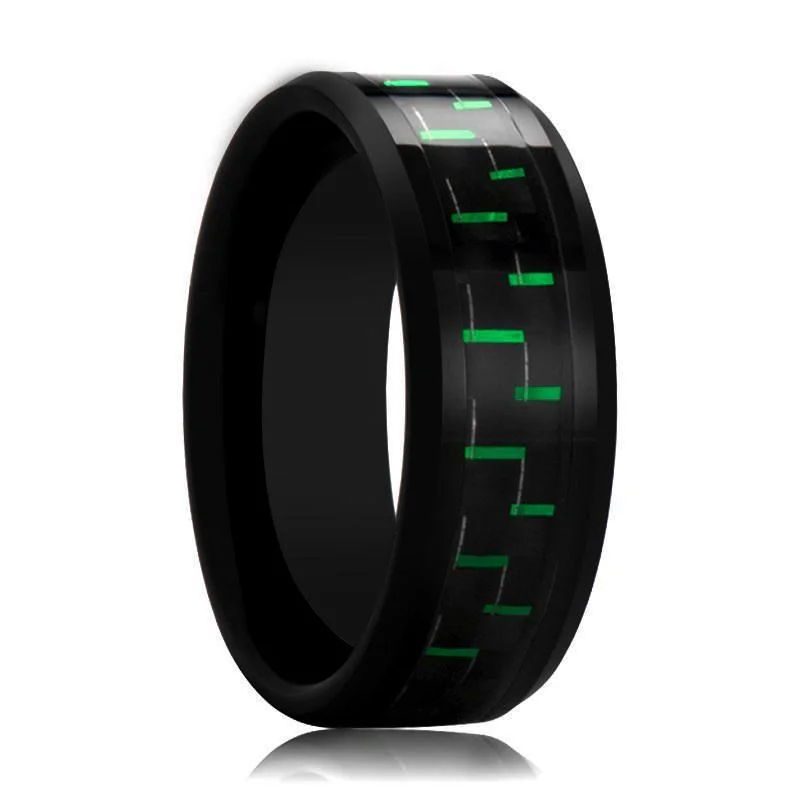 Women’s wedding ring-CARBONOX | Black Tungsten Ring, Green Carbon Fiber Inlay, Beveled