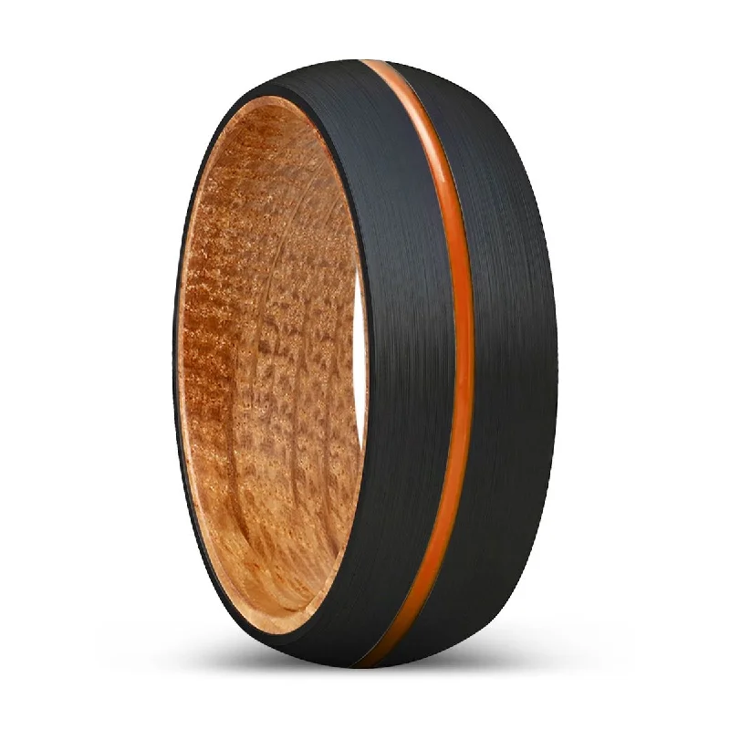 Women’s emerald ring-WINDROSE | Whiskey Barrel Wood, Black Tungsten Ring, Orange Groove, Domed