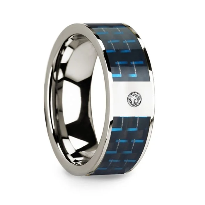 Women’s vintage-inspired engagement rings-Blue & Black Carbon Fiber Inlay and Diamond 14k White Gold Men's Wedding Band