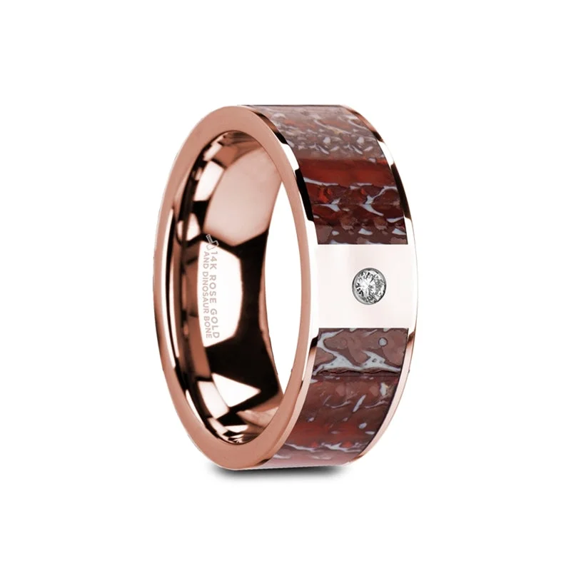 Women’s engagement rings with amethyst stones-14k Rose Gold Men's Wedding Band with Red Dinosaur Bone Inlay & Diamond