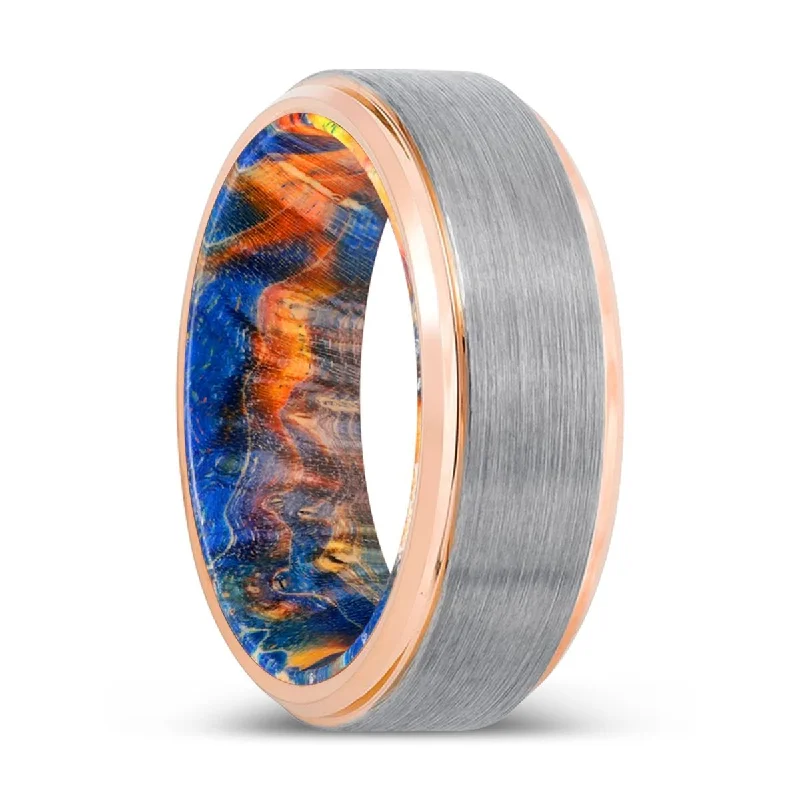 Women’s square-shaped ring-BOBCAT | Blue & Yellow/Orange Wood, Silver Tungsten Ring, Brushed, Rose Gold Stepped Edge