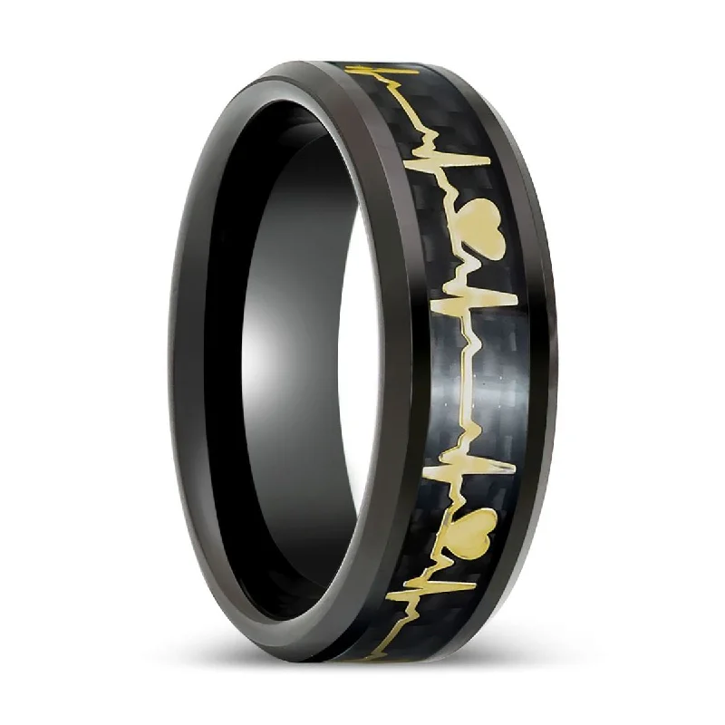 Women’s minimalist ring-PEAPACK | Black Tungsten Ring Yellow Heartbeat Cutout Inlay