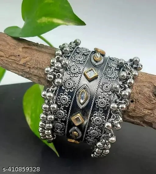 Women’s pearl bracelet-Tehzeeb Creations Women's Oxidised Afghani Style Bangle (Kadha) With Ghungroo