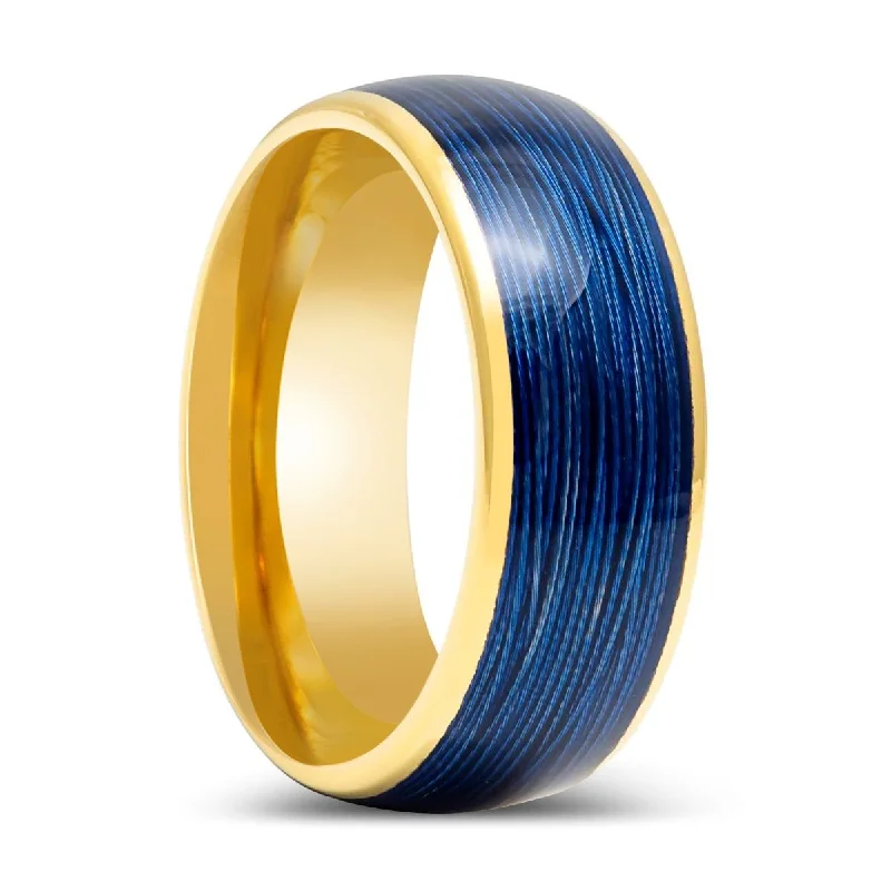 Women’s alternative ring-LEHRI | Yellow Gold Tungsten Ring with Blue Wire Inlay