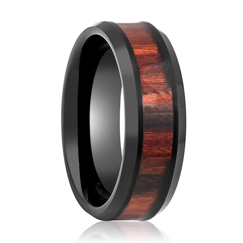 Women’s two-tone ring-WARDEN | Black Tungsten Ring, Dark Mahogany Wood Inlay, Beveled Edge