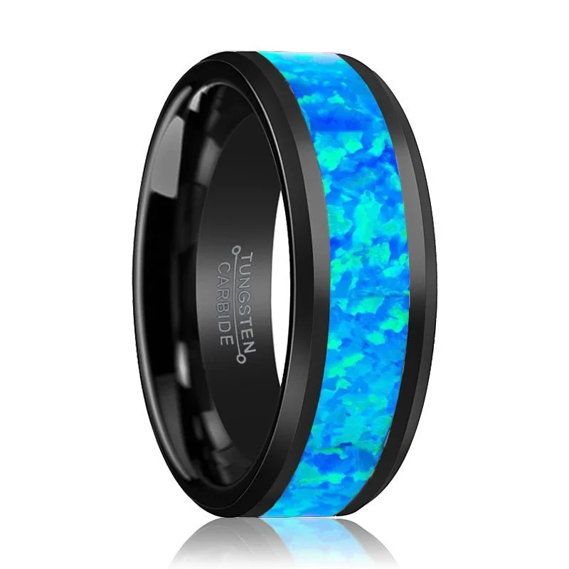 Women’s wedding band-TRANQUIL | Black Tungsten Ring, Blue Opal Inlay, Beveled