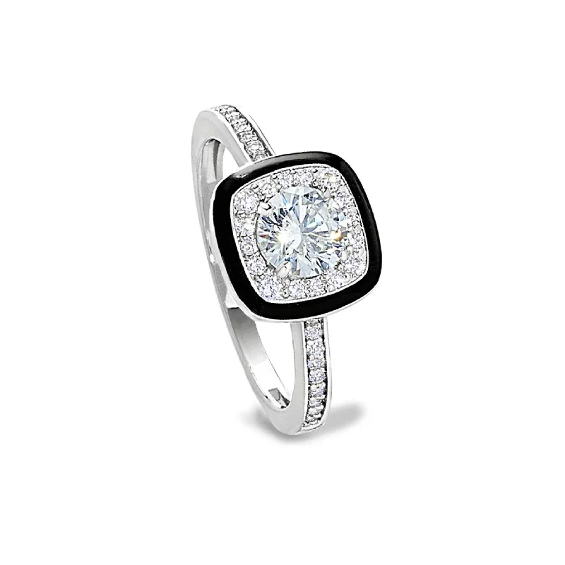 Women’s engagement rings with a band-Cushion Cut Ring with Thin Black Enamel and Simulated Diamonds