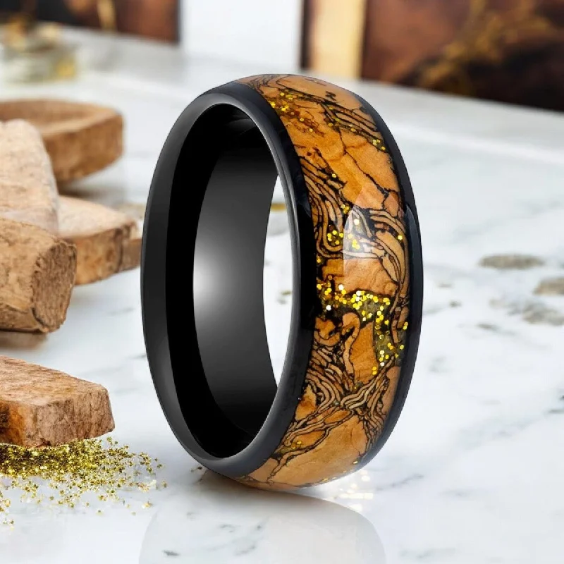 Women’s oval ring-ERMIS | Black Tungsten Ring, Cork and Gold Glitter Inlay, Domed