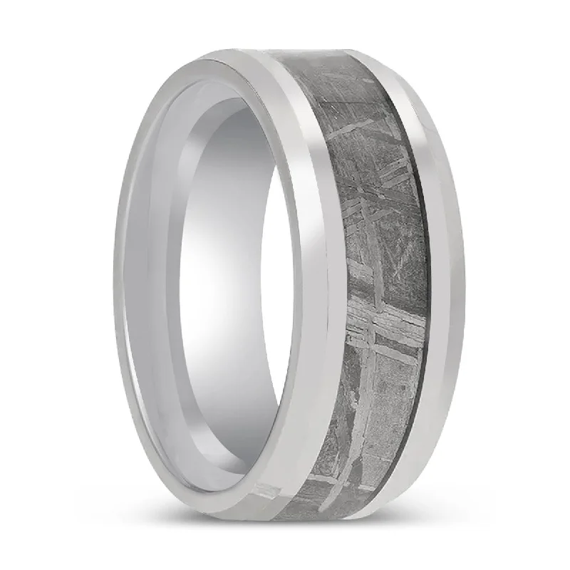 Women’s custom ring-CLESTIAL | Tungsten Ring, Meteorite Inlay Ring, Beveled Edges