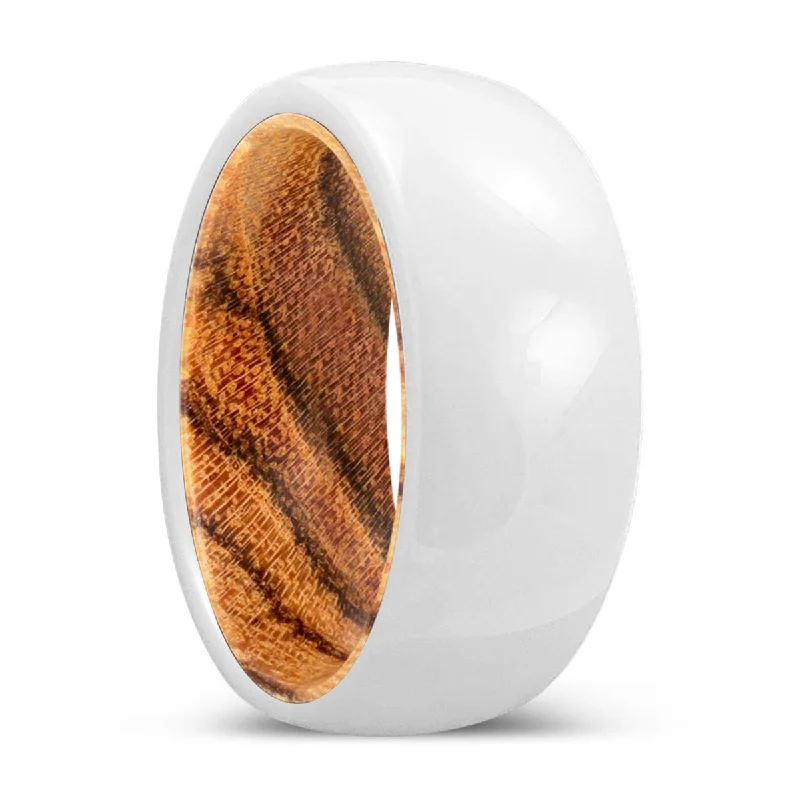 Women’s engraved ring-BREEZE | Bocote Wood, White Ceramic Ring, Domed