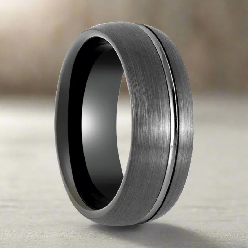 Women’s mixed metal ring-GRITEDGE | Black Tungsten Ring, Gun Metal with Domed Brushed Off-Center Groove