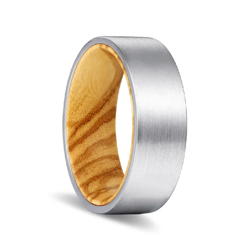 Women’s wide silver ring-COLLET | Olive Wood, Silver Tungsten Ring, Brushed, Flat