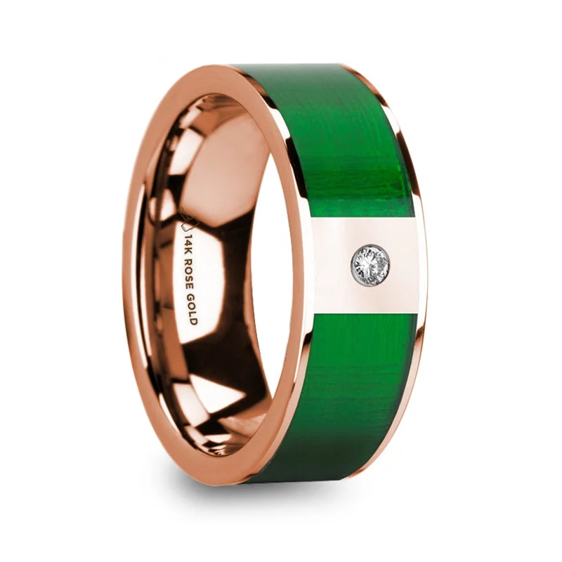 Women’s custom engagement rings with names-14k Rose Gold Men's Wedding Band with Green Inlay & Diamond