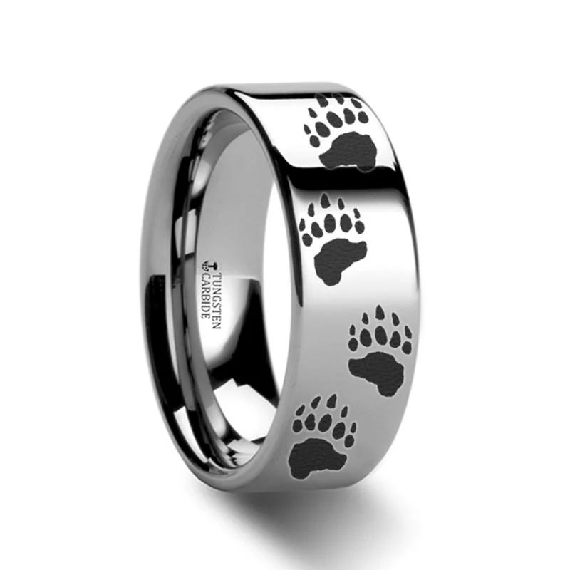 Women’s antique ring-Animal Design Bear Paw Print Laser Engraved Flat Tungsten Wedding Ring for Men and Women - 4MM - 12MM