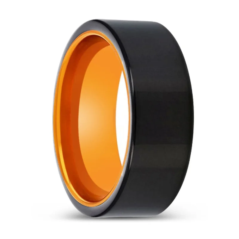 Women’s gemstone ring-JEROLD | Orange Ring, Black Tungsten Ring, Shiny, Flat